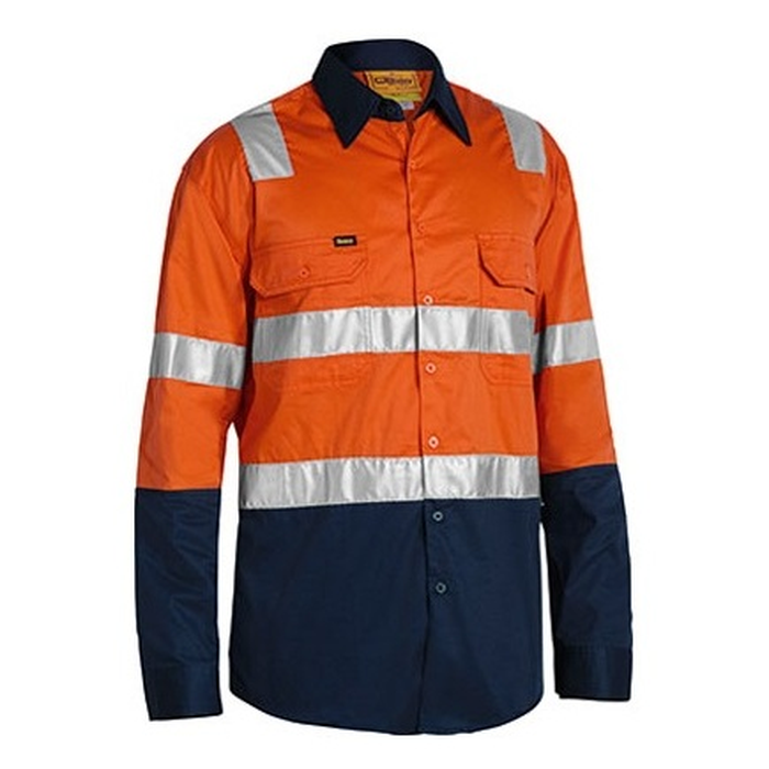 Bisley BS6432T 3M Taped Cool Lightweight Shirt With Shoulder Tape, Orange/Navy, double chest pockets, mens front view
