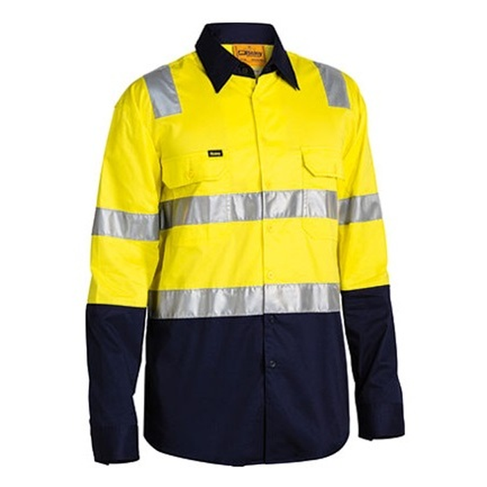 Hi visibility yellow/navy reflective tape, front view, Bisley BS6432T 3M Taped Cool Lightweight Shirt With Shoulder Tape