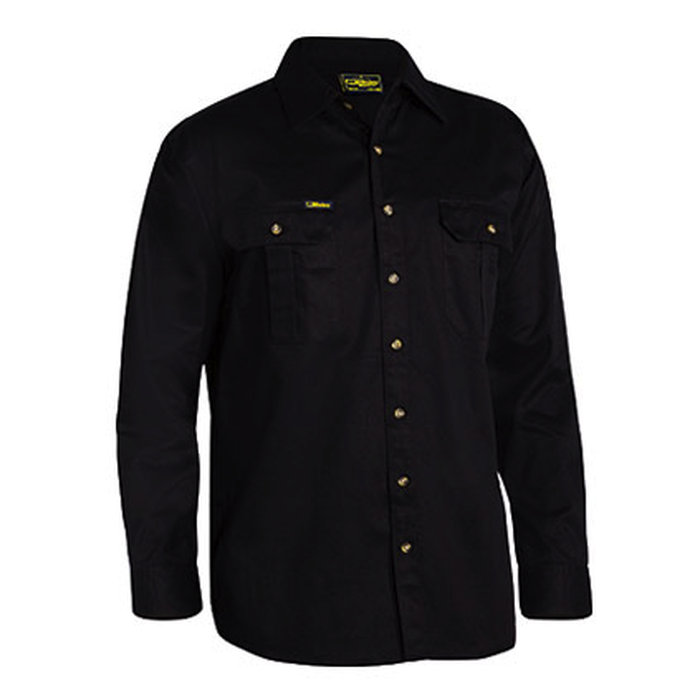 Black long-sleeve premium fabric, button-up, Bisley BS6433 Cotton Drill Long Sleeve Shirt, front view