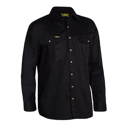 Black long-sleeve premium fabric, button-up, Bisley BS6433 Cotton Drill Long Sleeve Shirt, front view