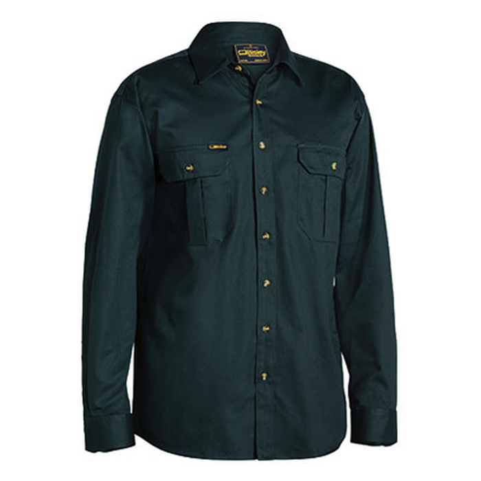 Bottle green, double front pockets, Bisley BS6433 Cotton Drill Long Sleeve Shirt, front view