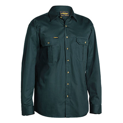 Bottle green, double front pockets, Bisley BS6433 Cotton Drill Long Sleeve Shirt, front view