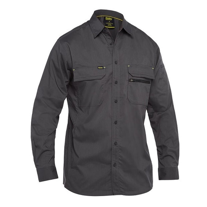 Charcoal grey, tradie workshirt, pen pockets, long sleeve, Bisley BS6490 X Airflow Stretch Ripstop Shirt, front view