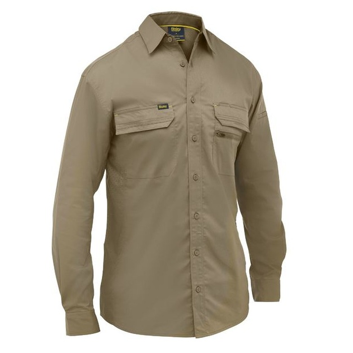 Khaki, mens long sleeve worksite, Bisley BS6490 X Airflow Stretch Ripstop Shirt, front view
