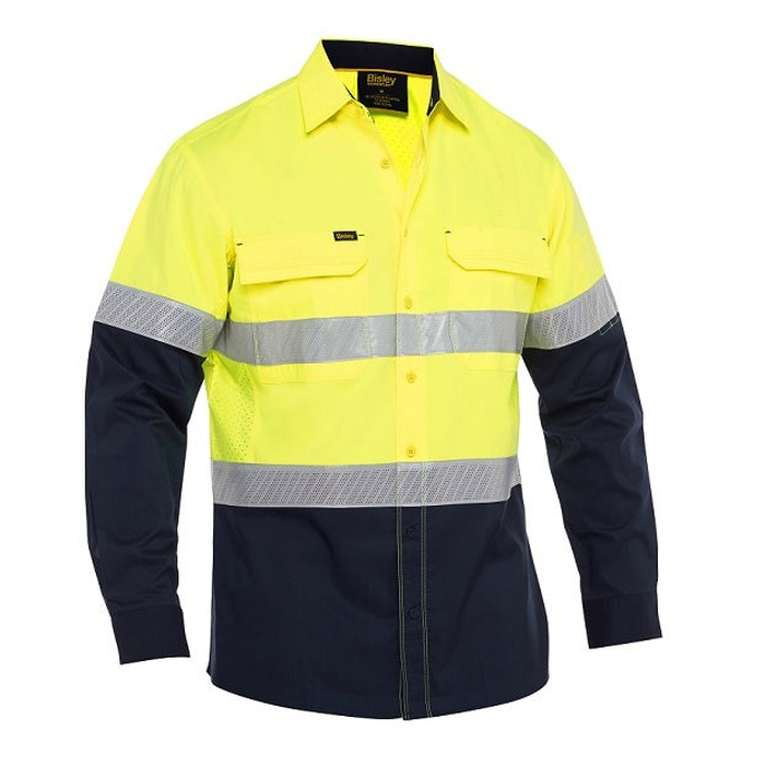 Yellow/navy long sleeve, double front pockets, Bisley BS6491T X Airflow HiVs Taped Stretch Ripstop Shirt, front view