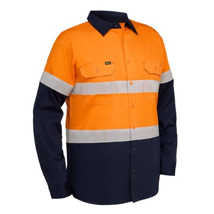 Bisley BS6495T Taped Hi Vis Ripstop Vented Shirt, reflective tape, hoop design, orange/navy front view