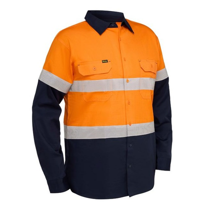 Bisley BS6495T Taped Hi Vis Ripstop Vented Shirt, reflective tape, hoop design, orange/navy front view