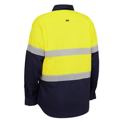 Back view of a yellow and navy, Bisley BS6495T Taped Hi Vis Ripstop Vented Shirt