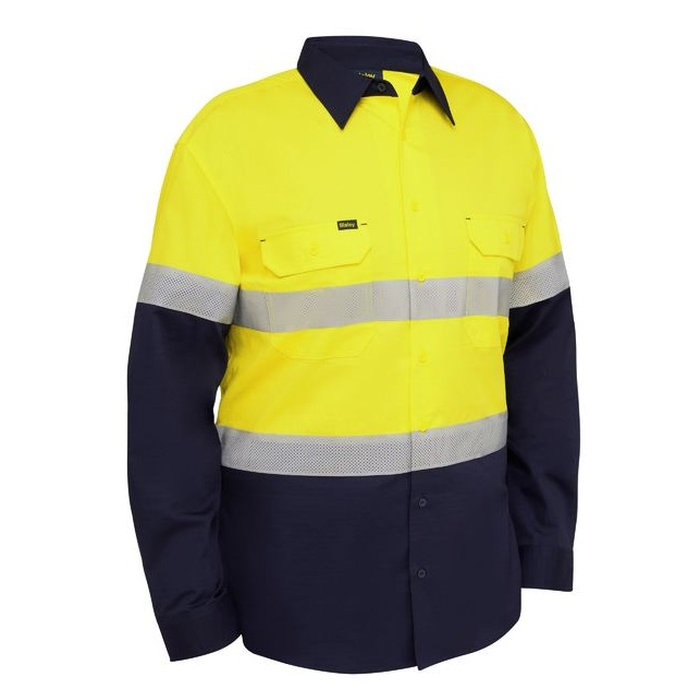 Yellow/navy, long-sleeve high-visibility work shirt, Bisley BS6495T Taped Hi Vis Ripstop Vented Shirt, front view