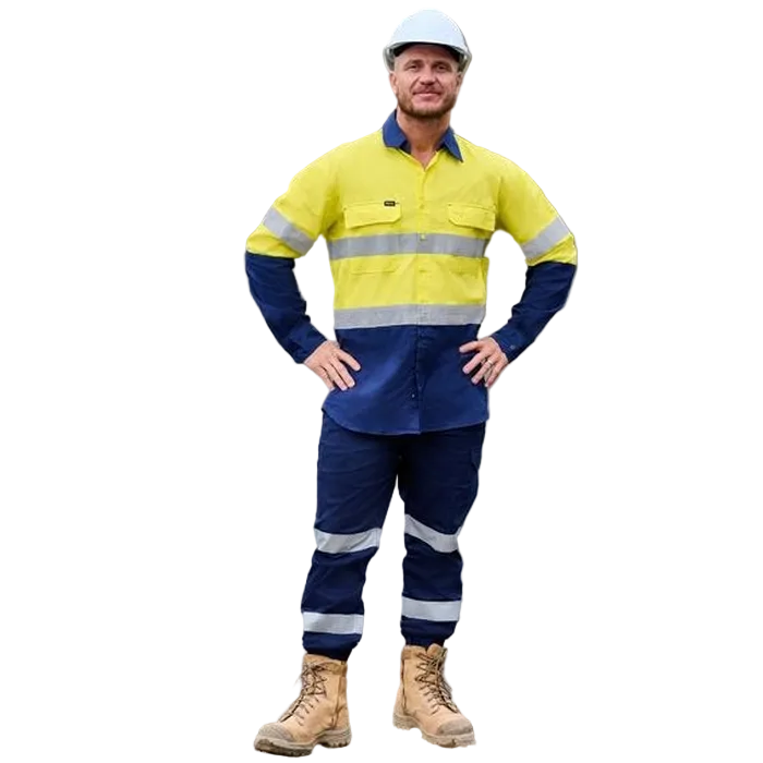 Bisley BS6495T Taped Hi Vis Ripstop Vented Shirt, model lifestyle view ,yellow/navy