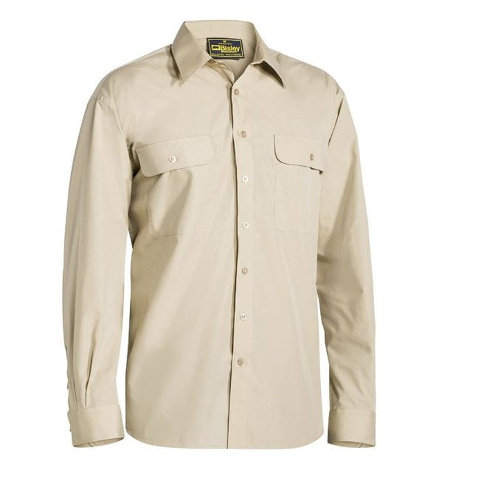 Mens sand coloured button down, premium fabric, Bisley BS6526 Permanent Press Long Sleeve Shirt, front view