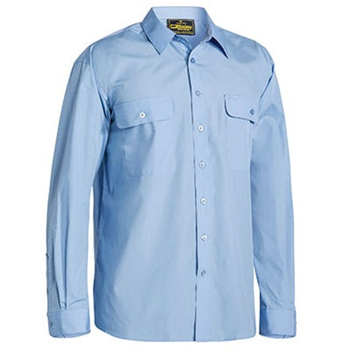Bisley BS6526 Permanent Press Long Sleeve Shirt, light blue, two chest pockets, breathable fabric, front view