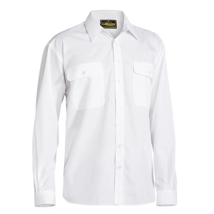 White, professional, Bisley BS6526 Permanent Press Long Sleeve Shirt, front view