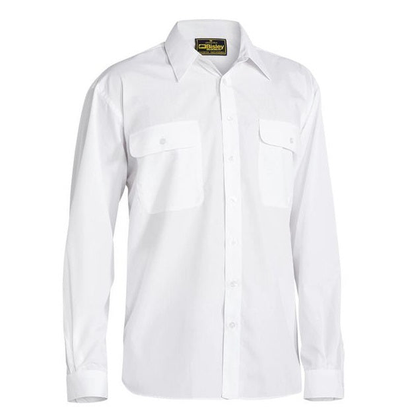 White, professional, Bisley BS6526 Permanent Press Long Sleeve Shirt, front view