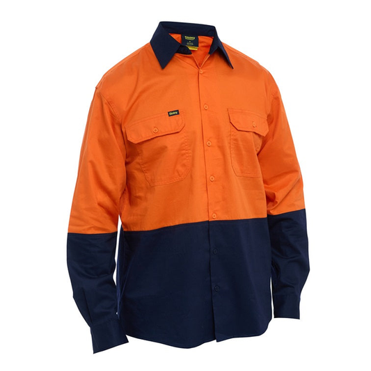 Orange/navy, preshrunk, front pockets, Bisley BS6695 Hi Vis Lightweight Drill Shirt, front view