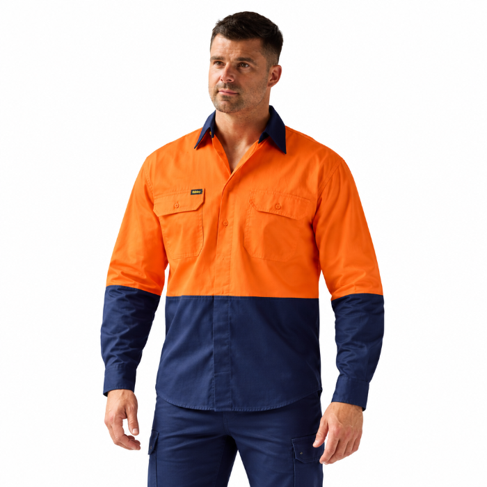 Model view, orange/ navy, Bisley BS6695 Hi Vis Lightweight Drill Shirt