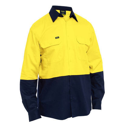 Bisley BS6695 Hi Vis Lightweight Drill Shirt yellow/navy, contrasting navy collar, front view, easy care, hard wearing
