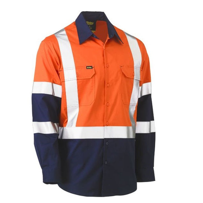 Mens orange/navy, Bisley BS6696XT X Taped Biomotion 2-Tone HiVis Lightweight Drill Shirt, two chest pocket, front view