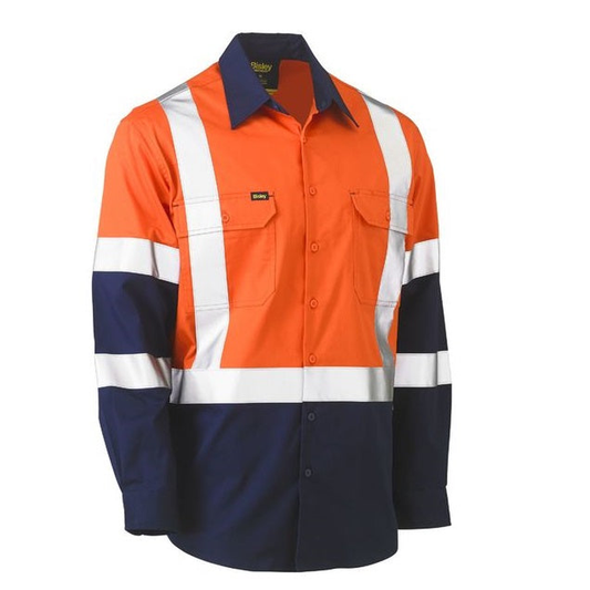 Mens orange/navy, Bisley BS6696XT X Taped Biomotion 2-Tone HiVis Lightweight Drill Shirt, two chest pocket, front view