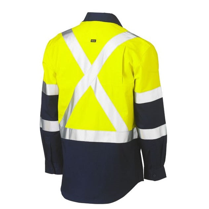 Bisley BS6696XT X Taped Biomotion 2-Tone HiVis Lightweight Drill Shirt, yellow/navy, rear view