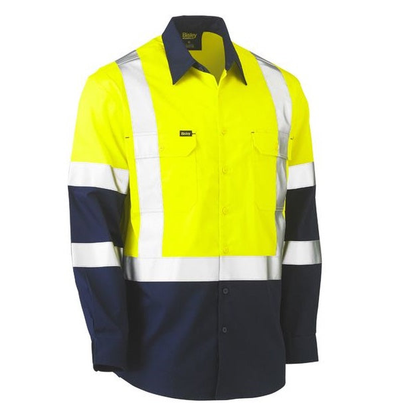 Yellow/navy, traditional fit, cross Back reflective tape, front view, Bisley BS6696XT X Taped Biomotion 2-Tone HiVis Lightweight Drill Shirt