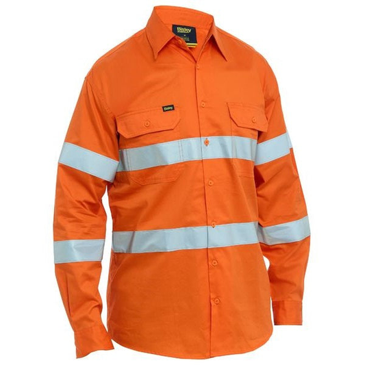 Mens orange, hi visibility, preshrunk drill, Bisley BS6698T Taped Hi Vis Cool Lightweight Drill Shirt, front view