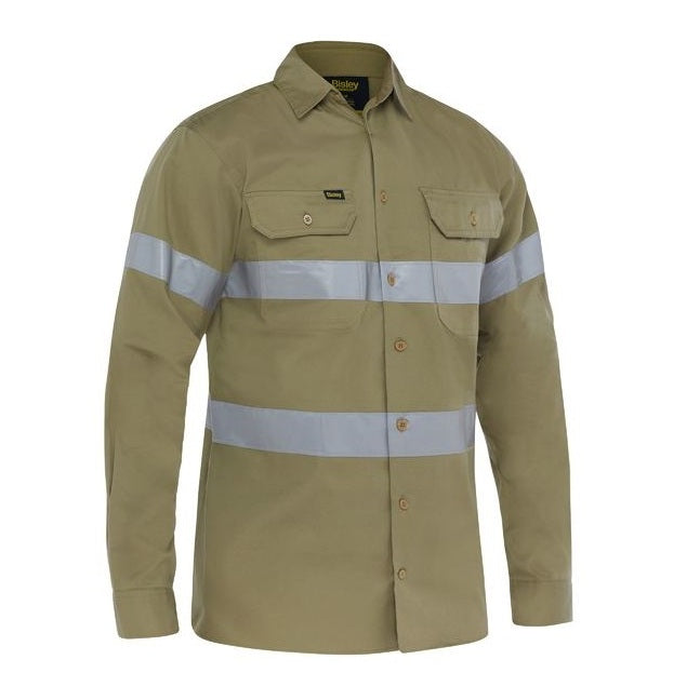 Mens, khaki, relfective tape hoop design, front view, Bisley BS6883T Taped Cool Lightweight Drill Shirt