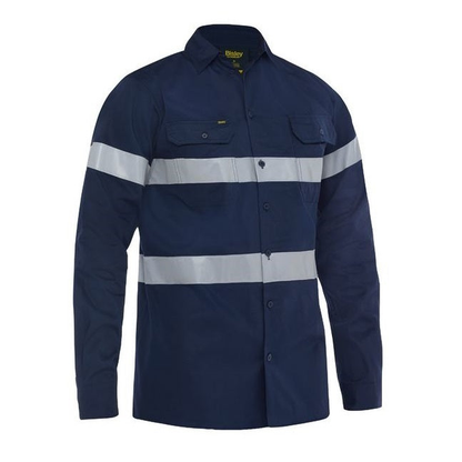 Mens navy blue, modern fit, double front pockets, front view, Bisley BS6883T Taped Cool Lightweight Drill Shirt