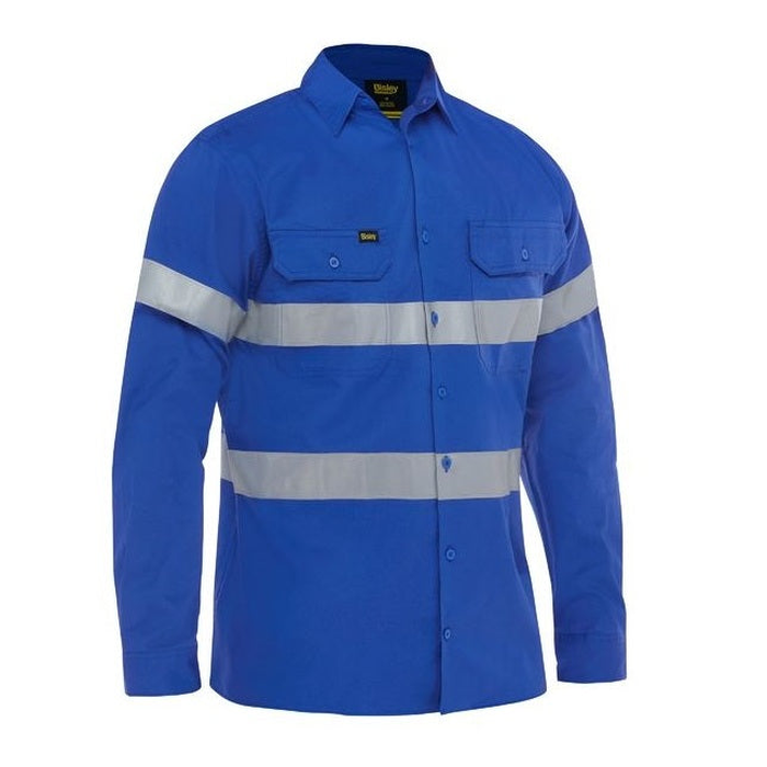 Royal blue long-sleeve work shirt with reflective tape, Bisley BS6883T Taped Cool Lightweight Drill Shirt, front view