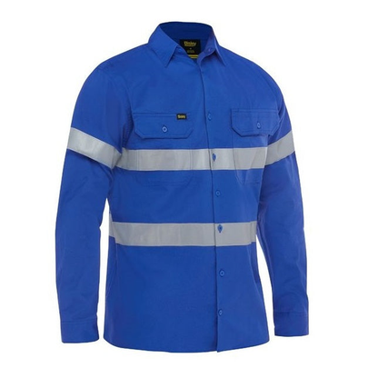 Royal blue long-sleeve work shirt with reflective tape, Bisley BS6883T Taped Cool Lightweight Drill Shirt, front view