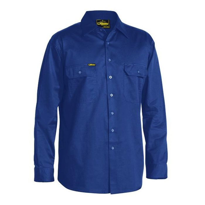 Royal blue, worksite, tradie, cotton drill, front view, Bisley BS6893 Cool Lightweight Drill Long Sleeve Shirt
