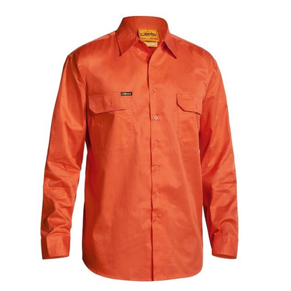 Orange long-sleeve button-down shirt with two chest pockets, Bisley BS6894 Mens Cool Lightweight Gusset Cuff HiVis Long Sleeve Shirt, front view