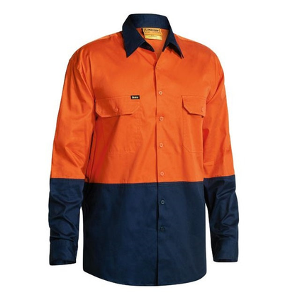 Orange/navy long-sleeve colorblock work shirt, front view, Bisley BS6895 Cool Vent 2-Tone Lightweight Long Sleeve Shirt