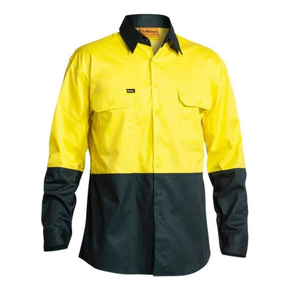 Men's long-sleeve, yellow/ bottle green,  high-visibility , Bisley BS6895 Cool Vent 2-Tone Lightweight Long Sleeve Shirt, front view