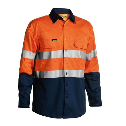 Orange/ navy, breathable, classic trades work shirt, Bisley BS6896 Mens Long Sleeve Taped Shirt, front view