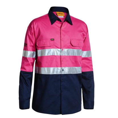 Hi Visability, Pink and navy work shirt, front view, two front pockets, Bisley BS6896 Mens Long Sleeve Taped Shirt