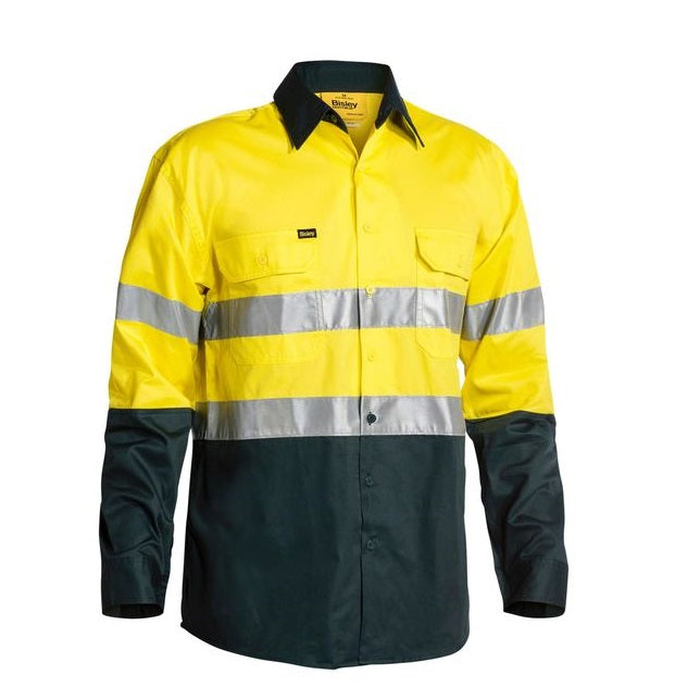 Bisley BS6896 Mens Long Sleeve Taped Shirt, yellow/ bottle green, Hi visability, everyday worksite shirt, front view