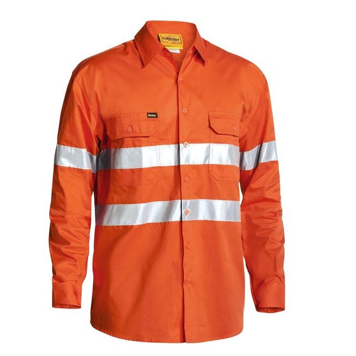 High visibility orange, double front pockets, Bisley BS6897 Mens Long Sleeve Shirt Tape, front view