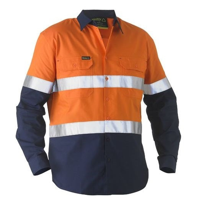Orange/ navy high-visibility long-sleeve , Bisley BS6996T Taped 2-Tone HiVs Recycled Drill Shirt
