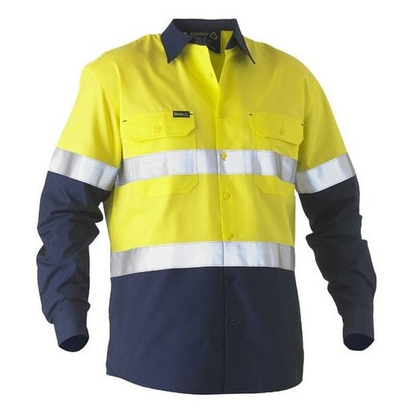 Yellow/Navy, traditional fit, worksite safety shirt, Bisley BS6996T Taped 2-Tone HiVs Recycled Drill Shirt, front view