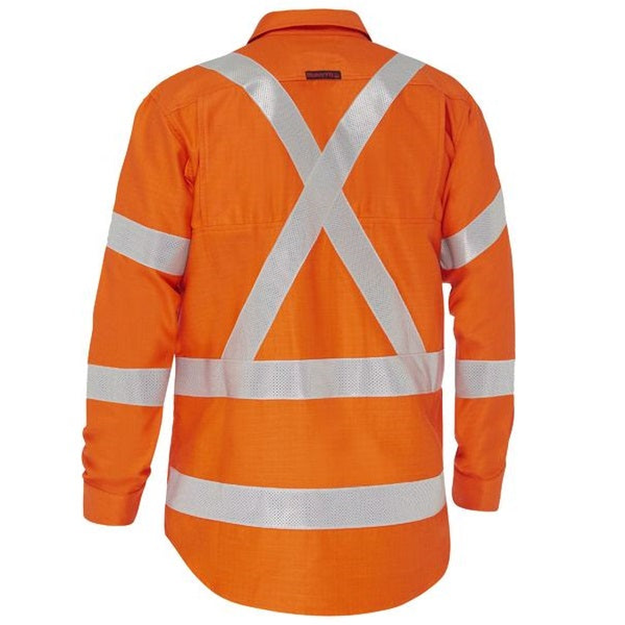 Bisley BS8439XT Apex 185 X Taped HiVis FR Ripstop Vented Shirt, Orange, NSW rail cross back, rear view