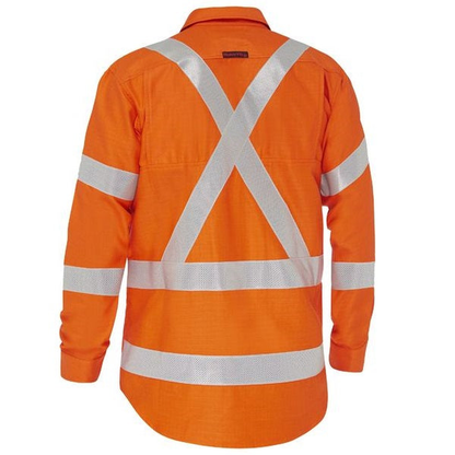 Bisley BS8439XT Apex 185 X Taped HiVis FR Ripstop Vented Shirt, Orange, NSW rail cross back, rear view