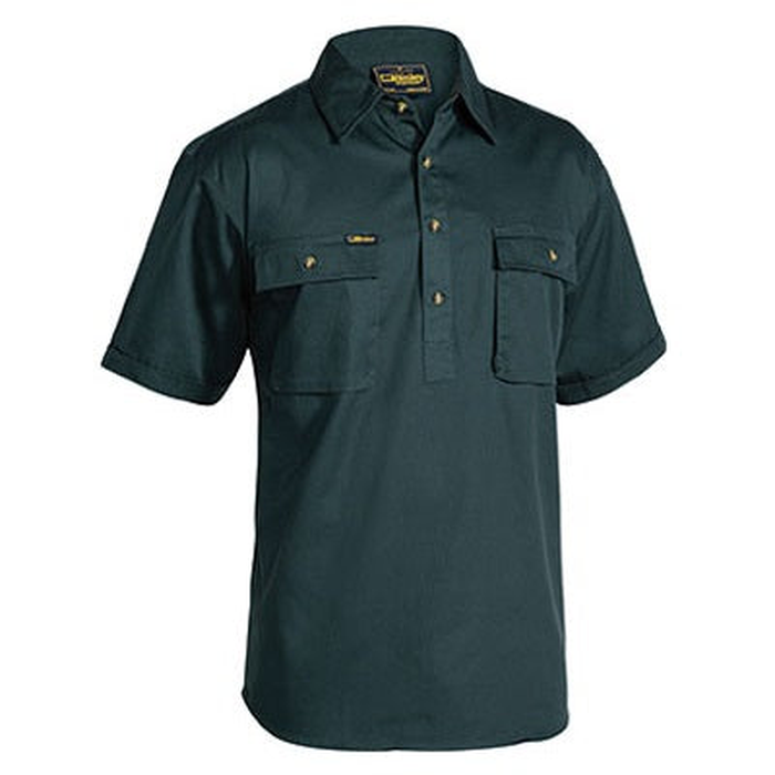 Bottle green, mens, two front pockets, modern fit, Bisley BSC1433 Closed Front Cotton Drill Short Sleeve Shirt, front view