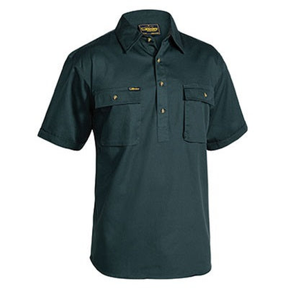 Bottle green, mens, two front pockets, modern fit, Bisley BSC1433 Closed Front Cotton Drill Short Sleeve Shirt, front view