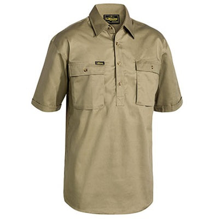 Khaki, preshrunk drill, Bisley BSC1433 Closed Front Cotton Drill Short Sleeve Shirt, worksite, tradie shirt, front view
