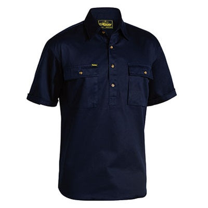 Navy blue, short sleeve, premium, Bisley BSC1433 Closed Front Cotton Drill Short Sleeve Shirt, front view