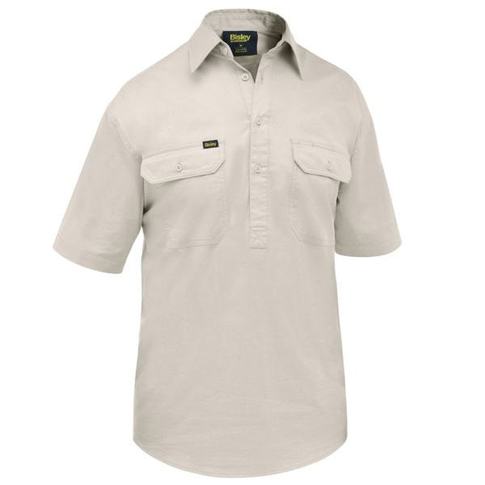 Sand coloured, professional trades, short sleeve workshirt, Bisley BSC1820 Closed Front Cool Lightweight Shirt, front view