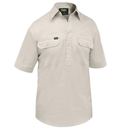 Sand coloured, professional trades, short sleeve workshirt, Bisley BSC1820 Closed Front Cool Lightweight Shirt, front view
