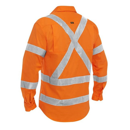 Bisley BSC6166XT X Taped Closed Front Hi Vis Cool Lightweight Drill Shirt, cross back reflective tape, rear view, rail orange