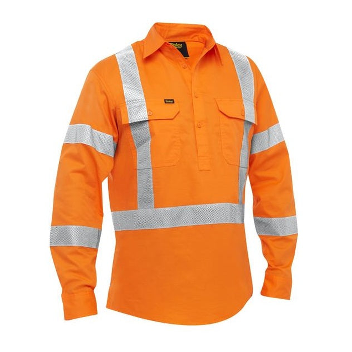 Hi vis, pre shrunk, cross back NSW rail, Rail orange, Bisley BSC6166XT X Taped Closed Front Hi Vis Cool Lightweight Drill Shirt, front view